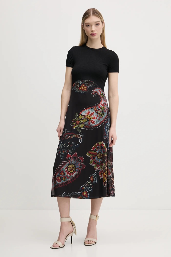 Desigual rochie PAISLEY MESH_LACROIX midi negru 25SWVK32