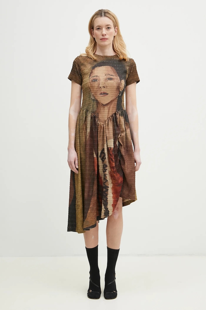 Andersson Bell dress Remy Printed Shirring midi beige atb1271w