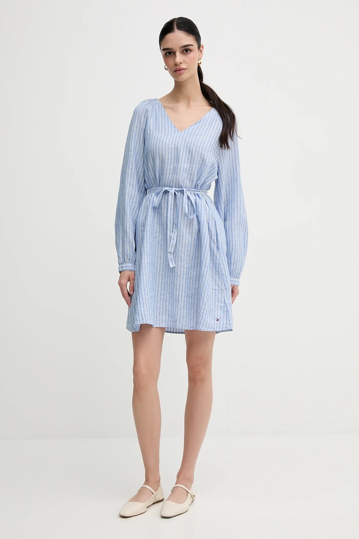 Tommy Hilfiger sukienka lniana WW0WW44666 niebieski SS25
