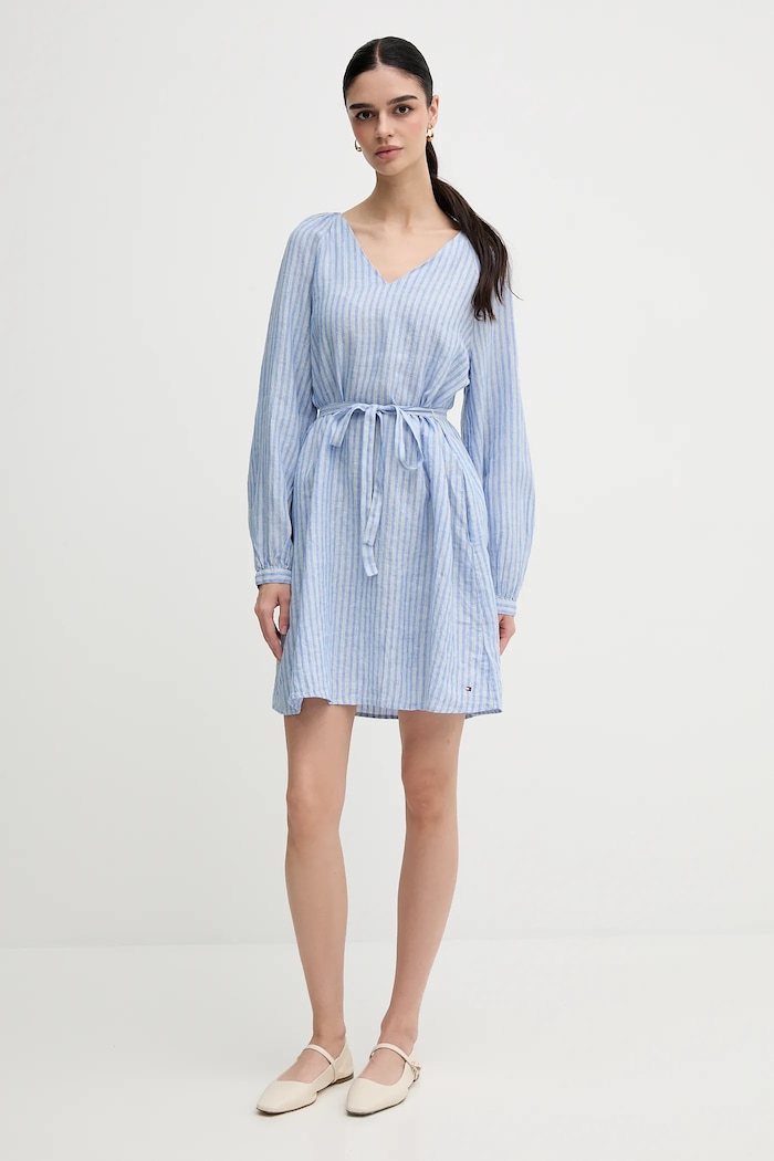 Tommy Hilfiger sukienka lniana WW0WW44666 niebieski SS25