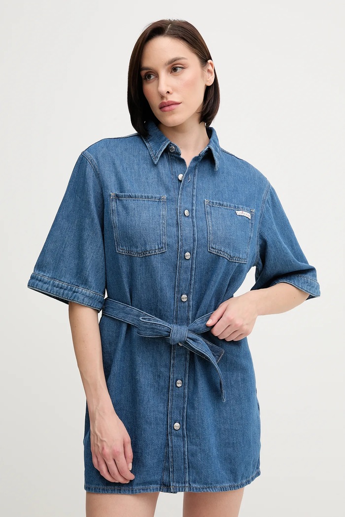 Calvin Klein Jeans sukienka z domieszką lnu casual niebieski J20J225169