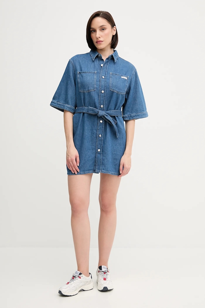 Calvin Klein Jeans sukienka z domieszką lnu J20J225169 niebieski SS25
