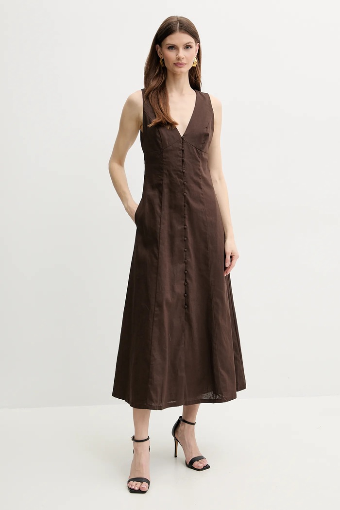 Bardot vászon ruha CORDELIA vállas barna 59808DB