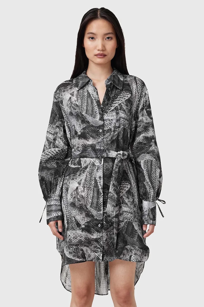 Рокля с коприна AllSaints LEYLA животински сив W081DC