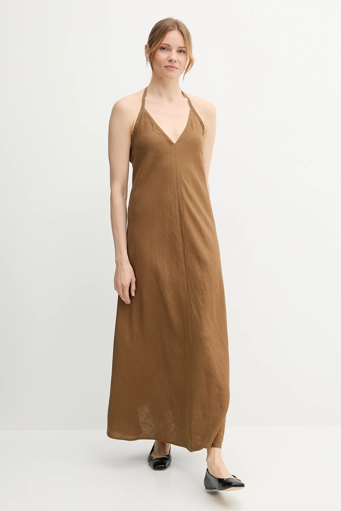 Λινό φόρεμα United Colors of Benetton 4AGHDV0BF καφέ SS25