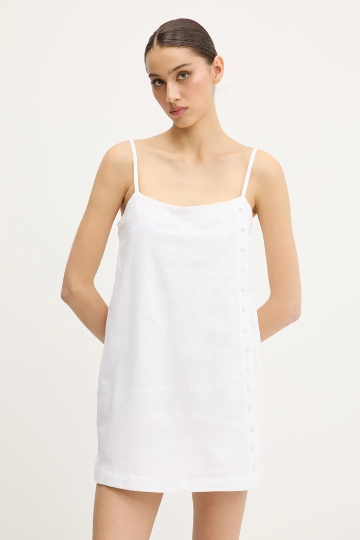 Lněné šaty Abercrombie & Fitch mini béžová KI159.5696.100