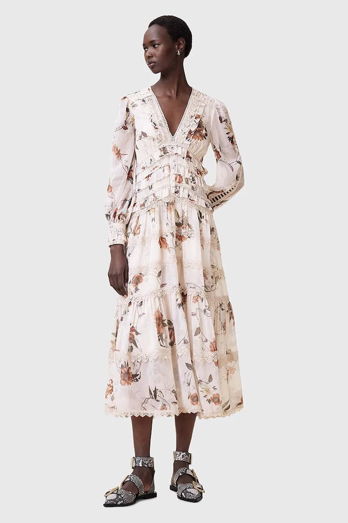 AllSaints sukienka ZORA MIDI casual beżowy W084DC