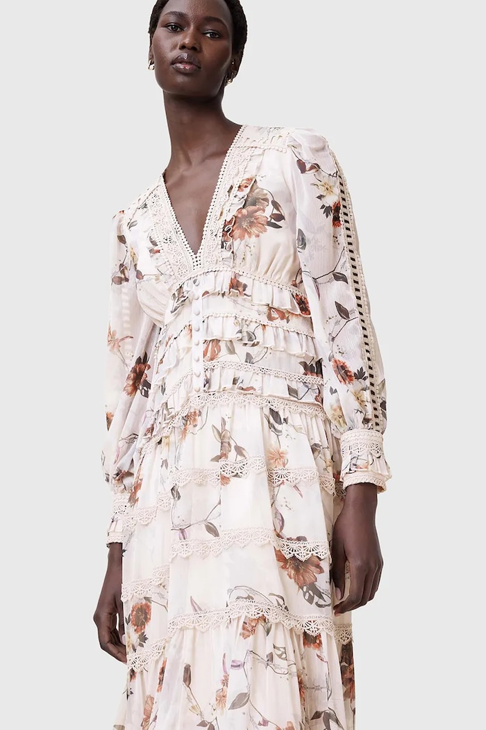 AllSaints sukienka ZORA MIDI W084DC beżowy SS25