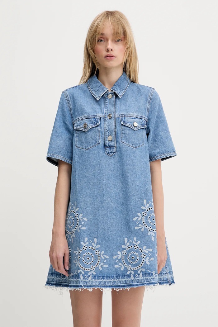 Džínové šaty GANNI Broderie Anglaise Denim Mini látka modrá J1694