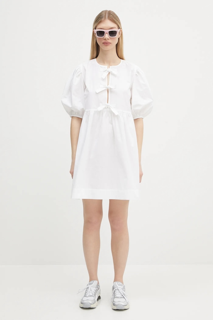 GANNI sukienka bawełniana Cotton Poplin Tie String Mini F9170 biały