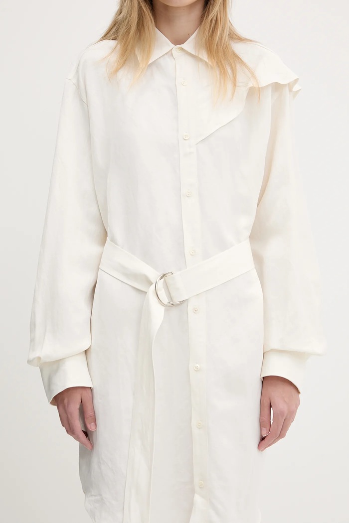 Šaty s příměsí lnu JW Anderson Cape Shoulder Drape béžová DR0474.PG1690.002
