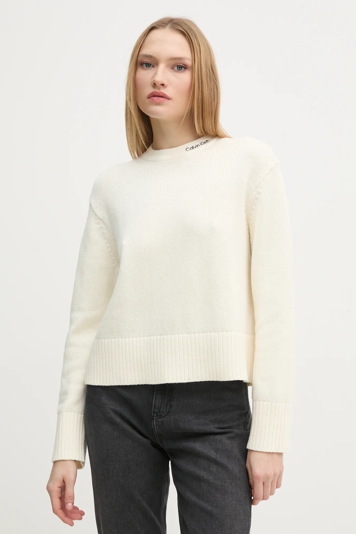 Sveter s prímesou vlny Calvin Klein Jeans s prímesou vlny béžová J20J225073