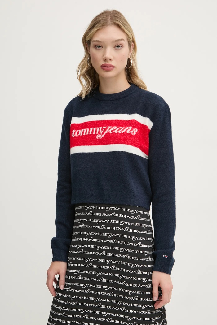 Svetr z vlněné směsi Tommy Jeans kulatý námořnická modř DW0DW19341