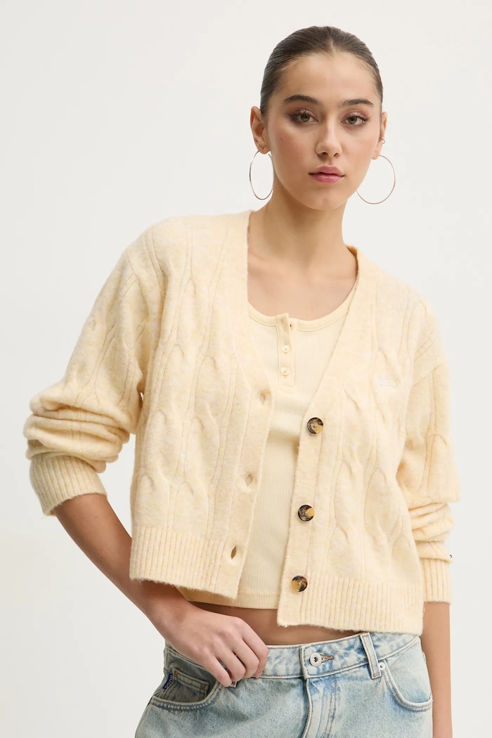 Svetr s příměsí vlny Tommy Jeans V výstřih žlutá DW0DW20447