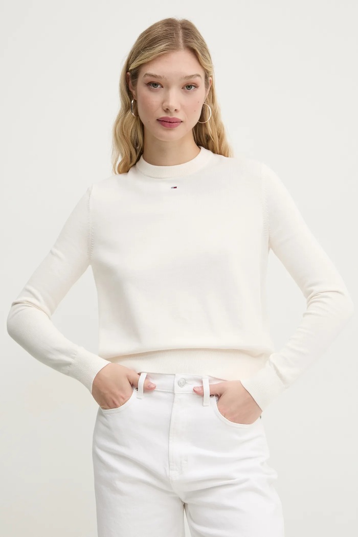 Tommy Jeans πουλόβερ γυναικείο βαμβακερό βαμβάκι μπεζ DW0DW20159