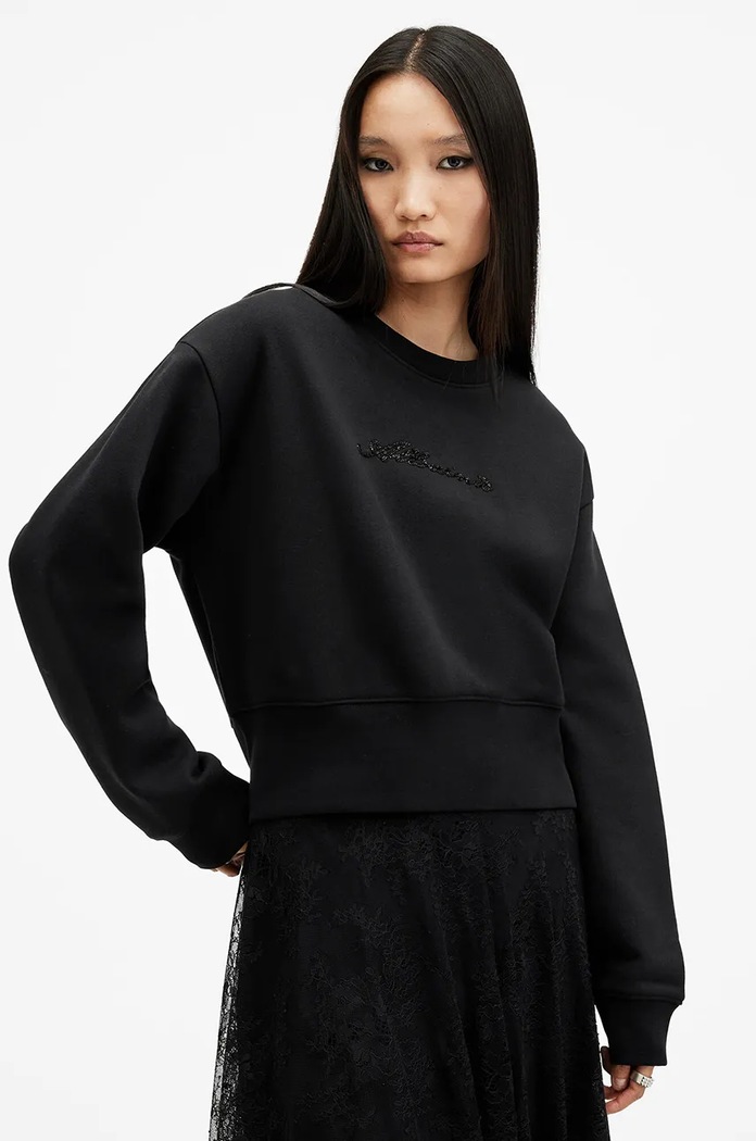 Βαμβακερή μπλούζα AllSaints FERN EMB χωρίς κουκούλα μαύρο W125JB