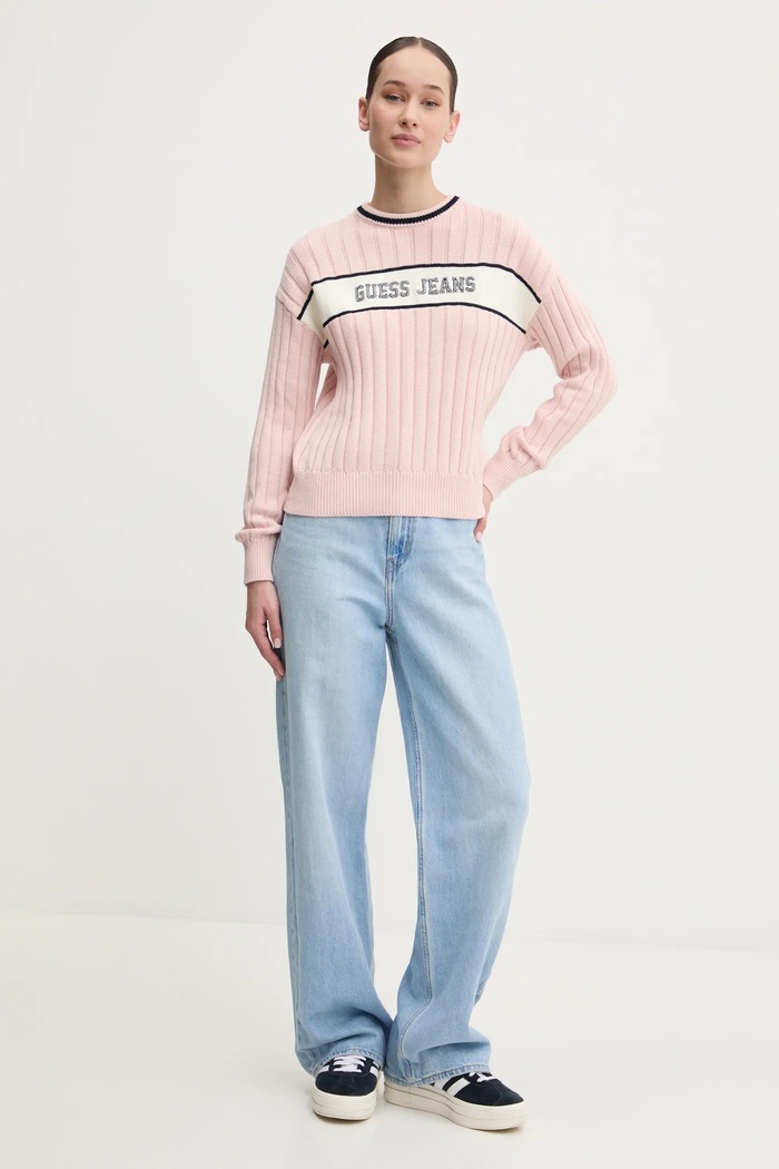 Памучен пуловер Guess Jeans W5RR46.Z3HM1 розов SS25