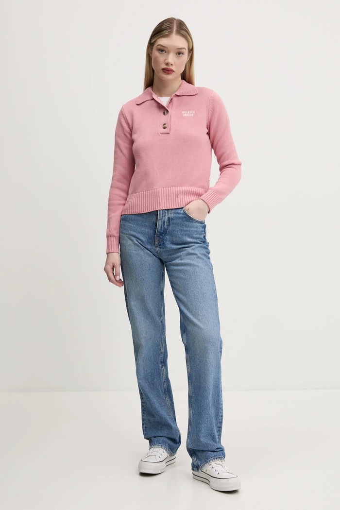 Памучен пуловер Guess Jeans W5RR47.Z3HM1 розов SS25