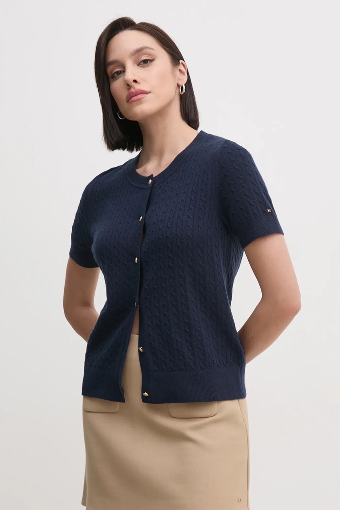 Tommy Hilfiger gyapjú kardigán sima sötétkék WW0WW43958