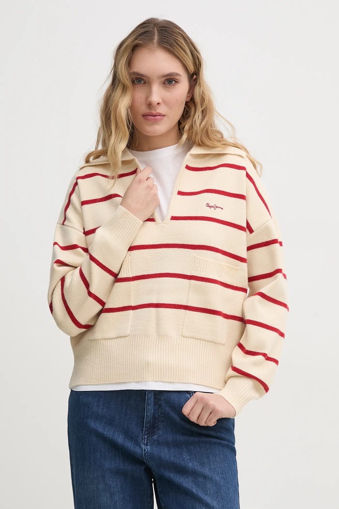 Svetr Pepe Jeans PRISCILLA V výstřih béžová PL702272