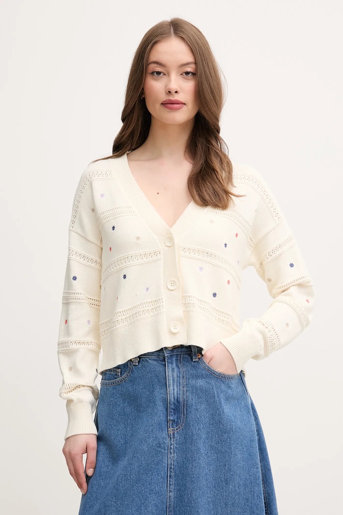 Bavlněný kardigan United Colors of Benetton V výstřih béžová 10C1E604W