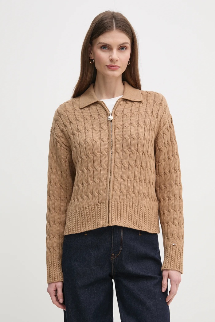 Kardigan Tommy Hilfiger bavlna hnědá WW0WW44501