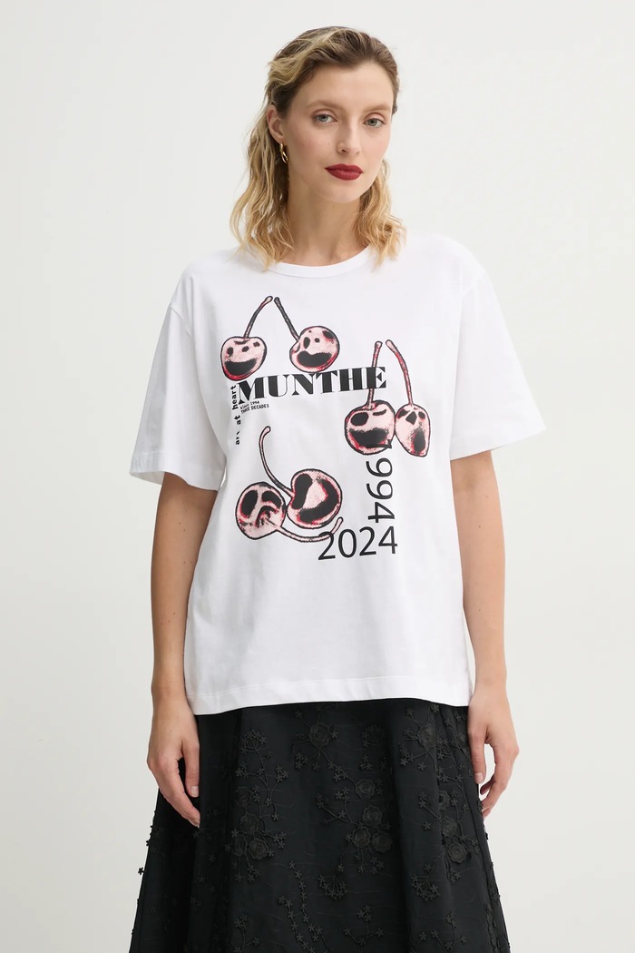 MUNTHE t-shirt bawełniany FELITA nadruk biały 251110125160