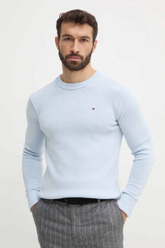 Bavlněný svetr Tommy Hilfiger kulatý modrá MW0MW37397