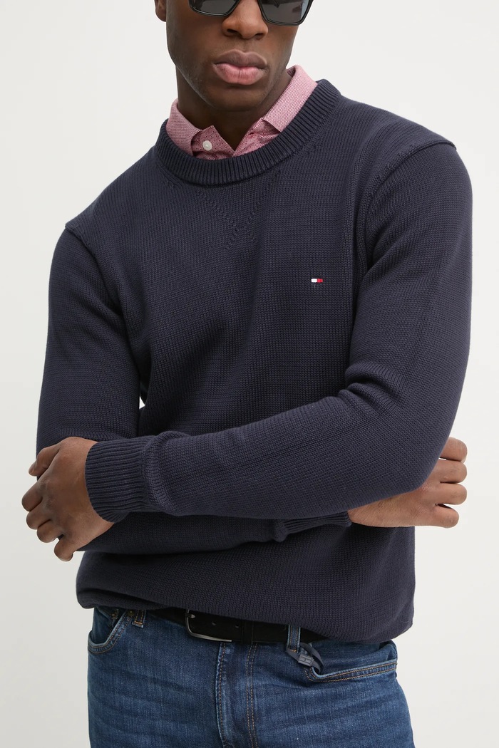 Tommy Hilfiger Βαμβακερό πουλόβερ Tommy Hilfiger σκούρο μπλε MW0MW37397