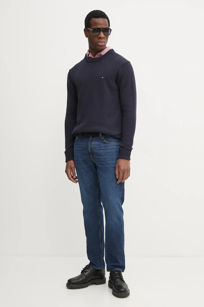 Tommy Hilfiger Βαμβακερό πουλόβερ Tommy Hilfiger MW0MW37397 σκούρο μπλε SS25