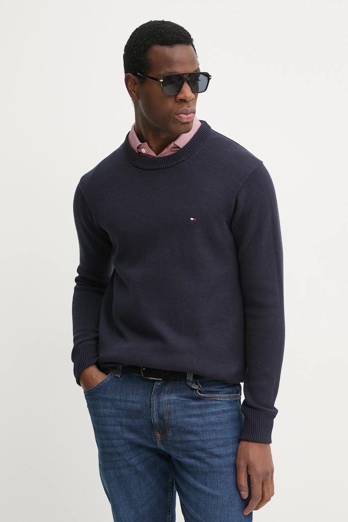 Βαμβακερό πουλόβερ Tommy Hilfiger σκούρο μπλε MW0MW37397