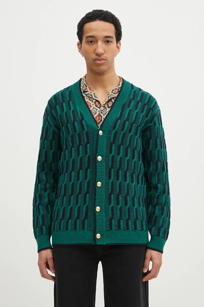 Drôle de Monsieur Cardigan din lână Le Cardigan Torsades Bicolore verde F.CA150.WO018.DGN