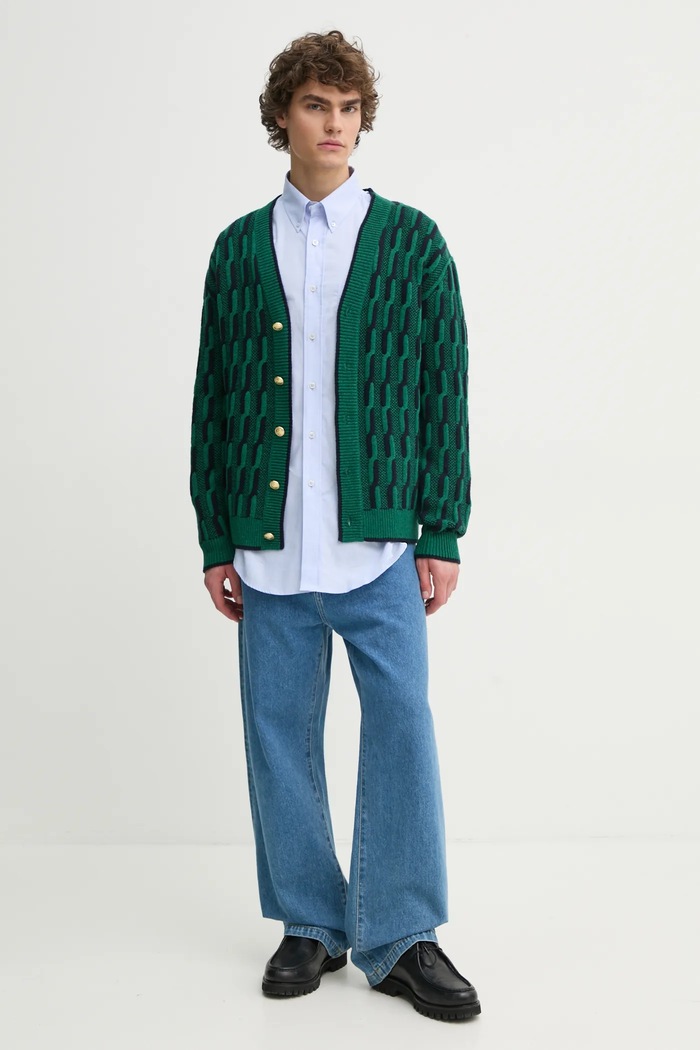 Drôle de Monsieur kardigan wełniany Le Cardigan Torsades Bicolore F.CA150.WO018.DGN zielony SS25