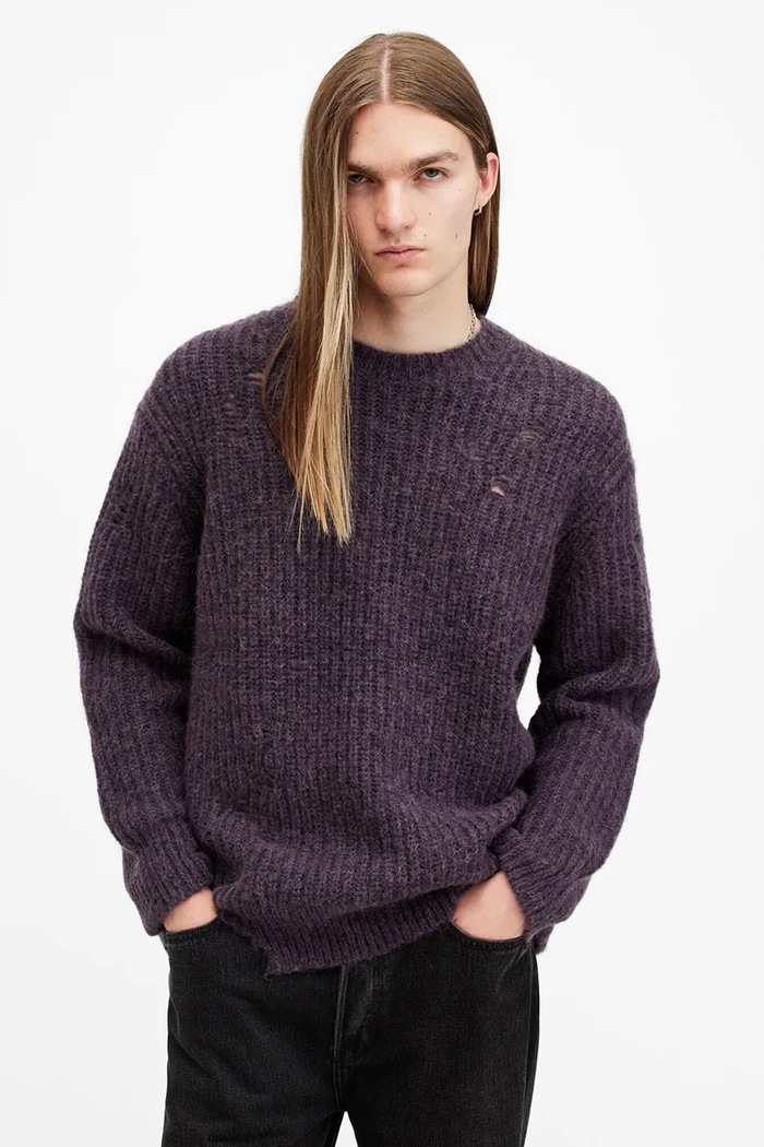 AllSaints sweter wełniany SLANE okrągły fioletowy M034KB
