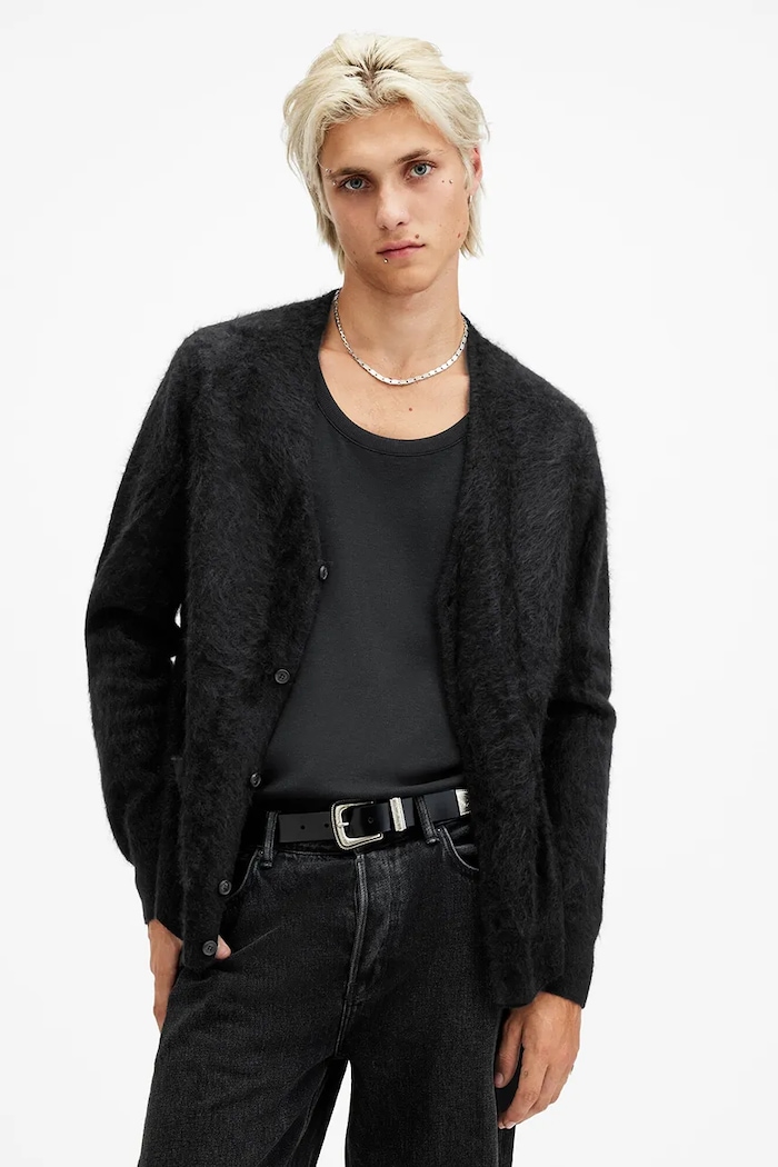 AllSaints kardigan kaszmirowy ABEL szpic czarny M080KB