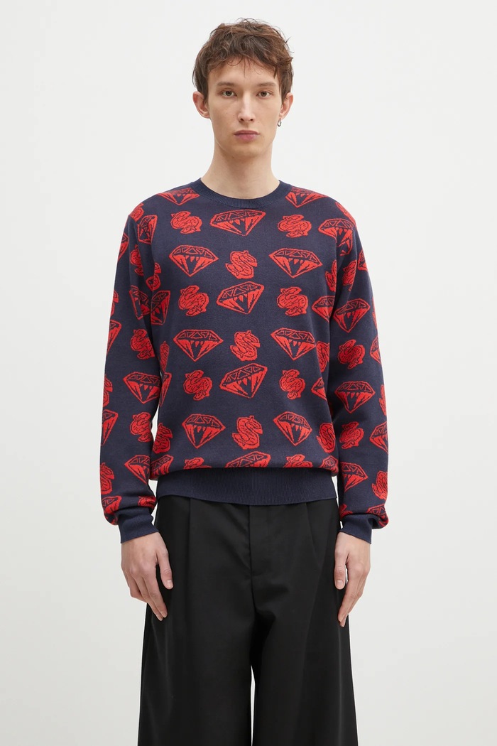 Svetr z vlněné směsi Billionaire Boys Club Diamonds & Dollars Knitted Jumper kulatý námořnická modř B24223