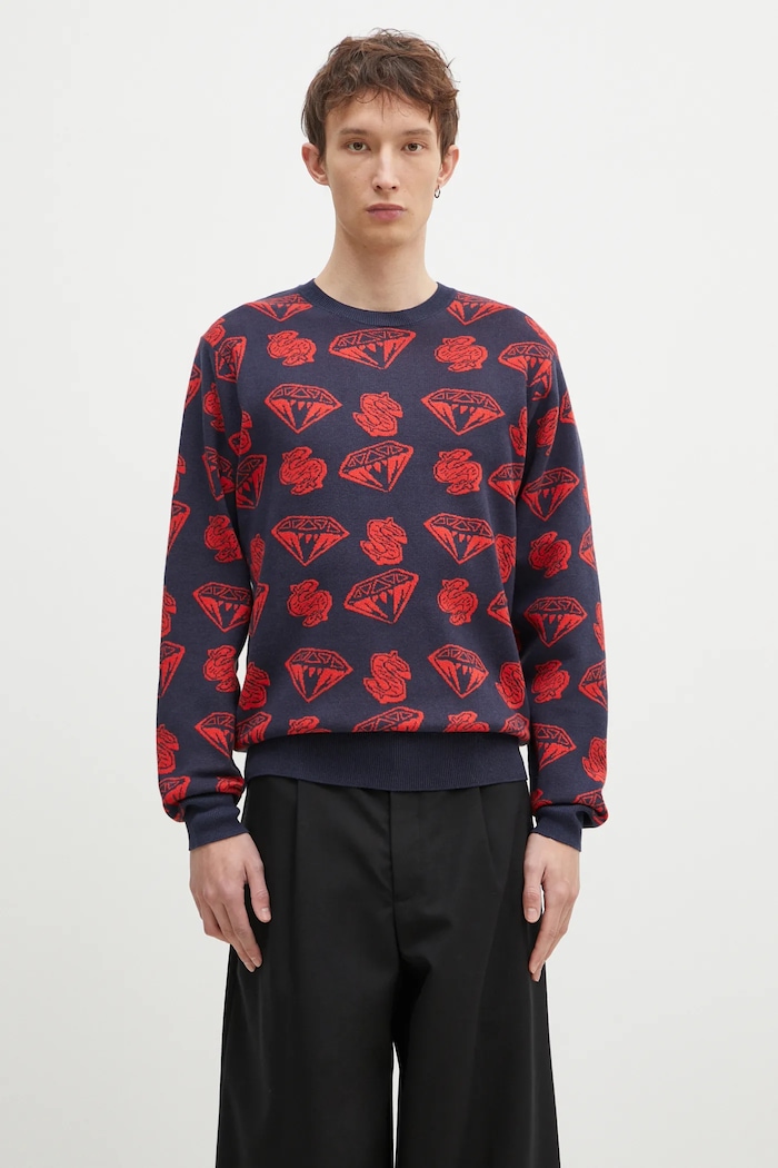 Svetr z vlněné směsi Billionaire Boys Club Diamonds & Dollars Knitted Jumper kulatý námořnická modř B24223