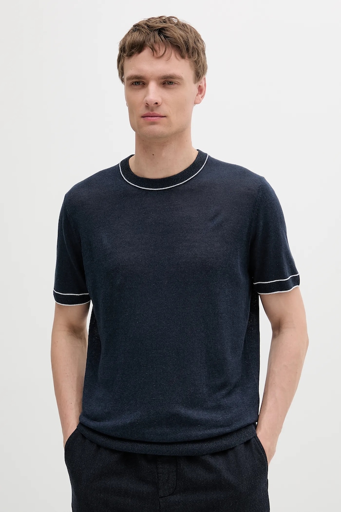 BOSS T-shirt lniany granatowy 50537639