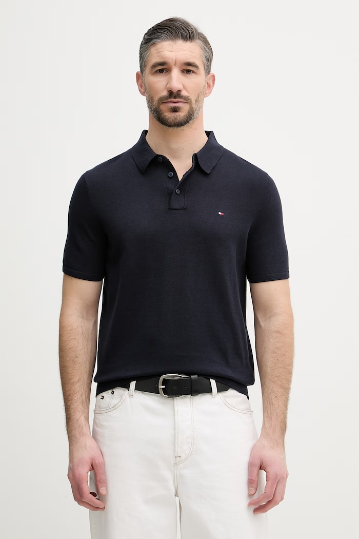 Tommy Hilfiger тениска с яка мъжка от памук тъмносин MW0MW37396