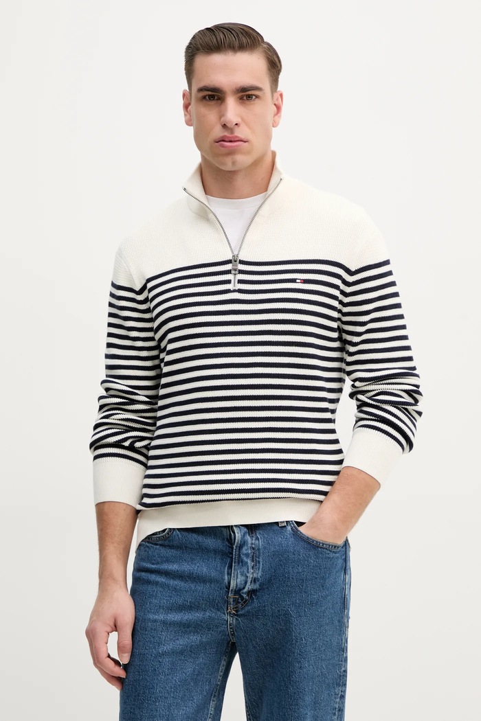 Tommy Hilfiger pulover de bumbac fixat bej MW0MW38601