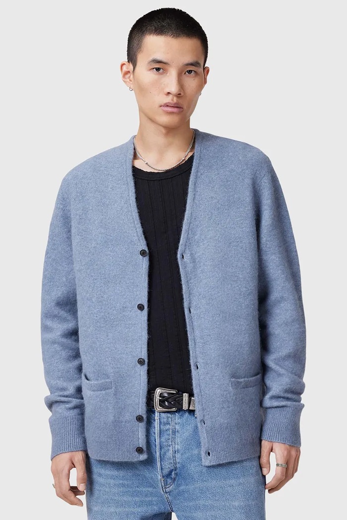 AllSaints cardigan din lana RENN grosime medie albastru M092KB