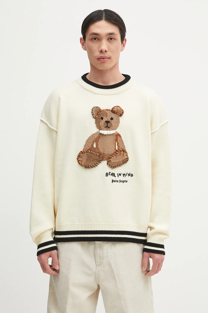 Palm Angels sweter wełniany Bear In Mind okrągły beżowy PMHE007S25KNI0010360