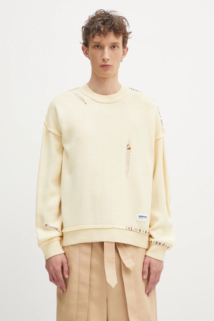 NEIGHBORHOOD wool blend jumper Savage Crewneck Sweater round neck yellow 242FUNH.KNM01