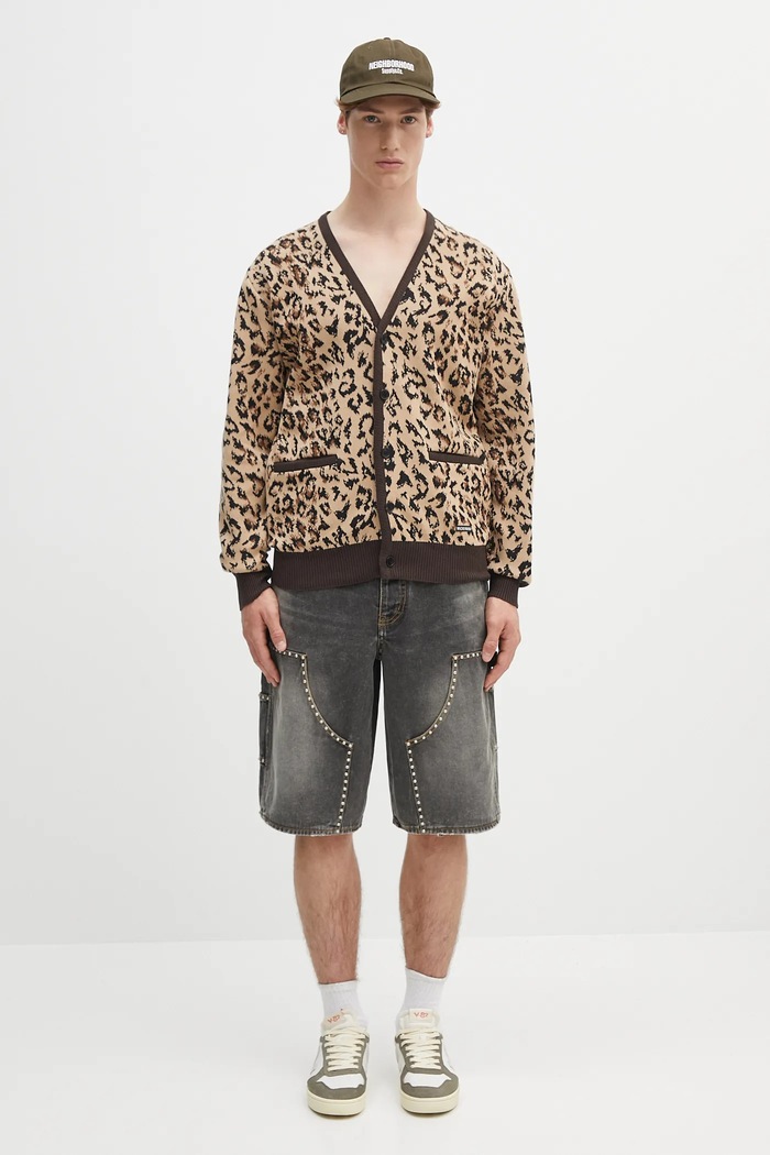 Bavlněný kardigan Wacko Maria leopard jacquard 25SS.WMK.KN14 béžová