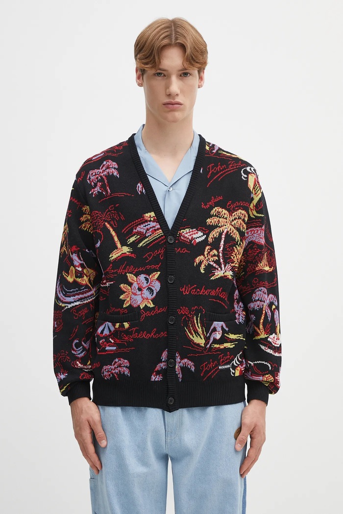 Pamučni kardigan Wacko Maria jacquard s uzorkom crna 25SS.WMK.KN20