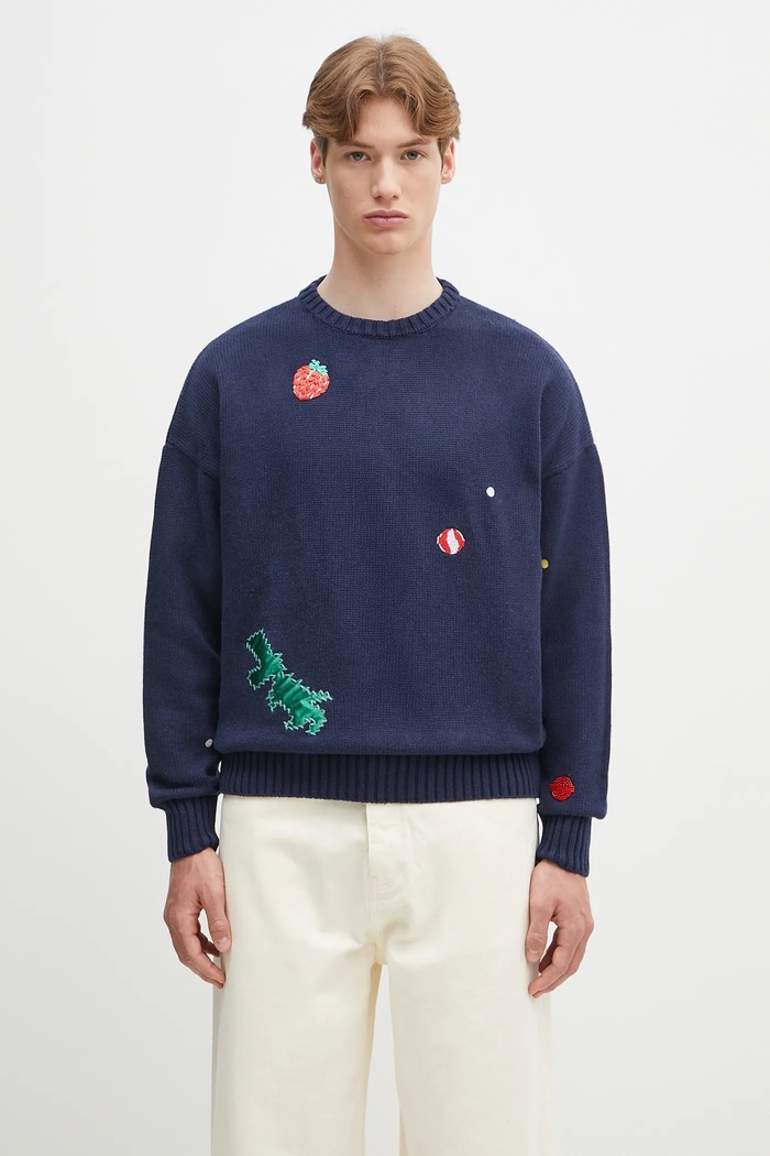 Sveter s prímesou vlny Fiorucci Multipatch Dinosaur s prímesou vlny tmavomodrá M02SPKSW255KN01BL05