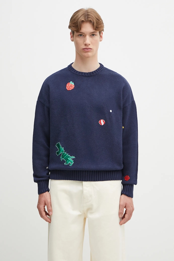 Sveter s prímesou vlny Fiorucci Multipatch Dinosaur s prímesou vlny tmavomodrá M02SPKSW255KN01BL05