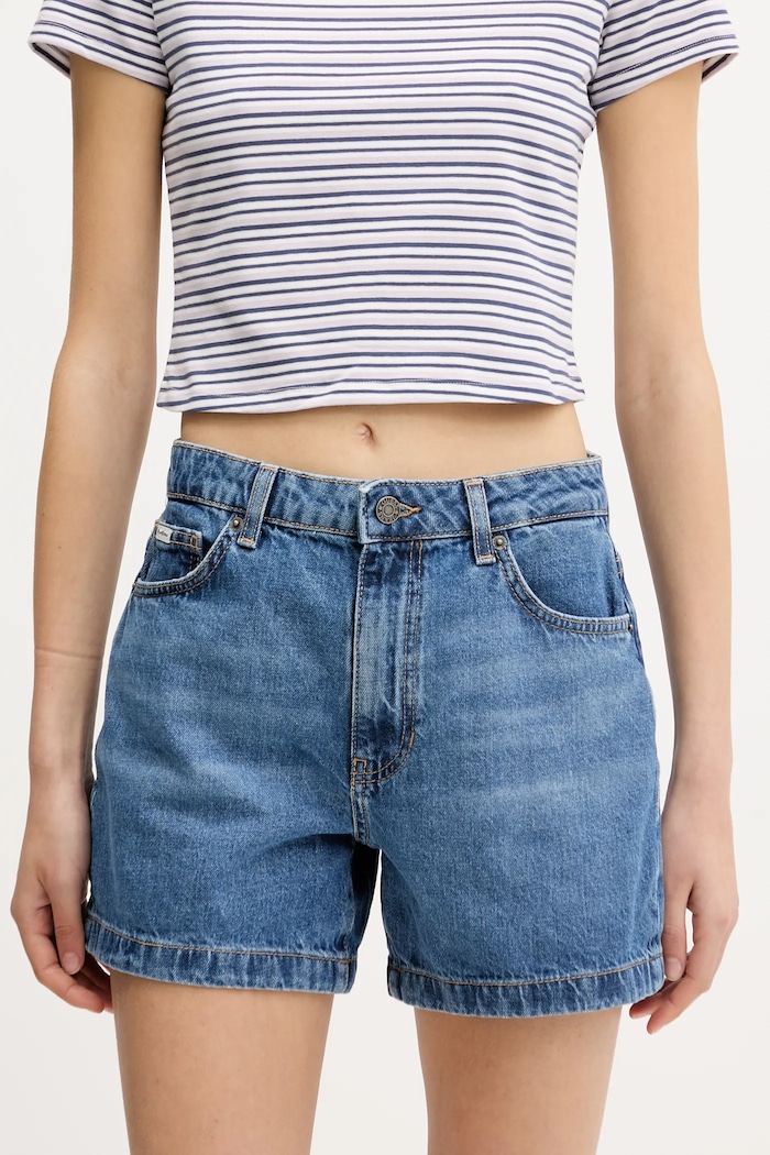 Rifľové krátke nohavice Guess Jeans s prímesou ľanu modrá W5GD0S.D5O13
