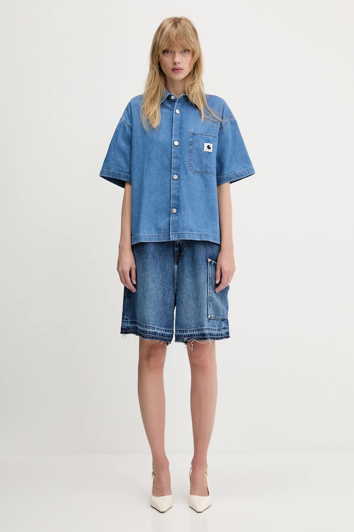 Džínové šortky GANNI Light Denim J1702 námořnická modř