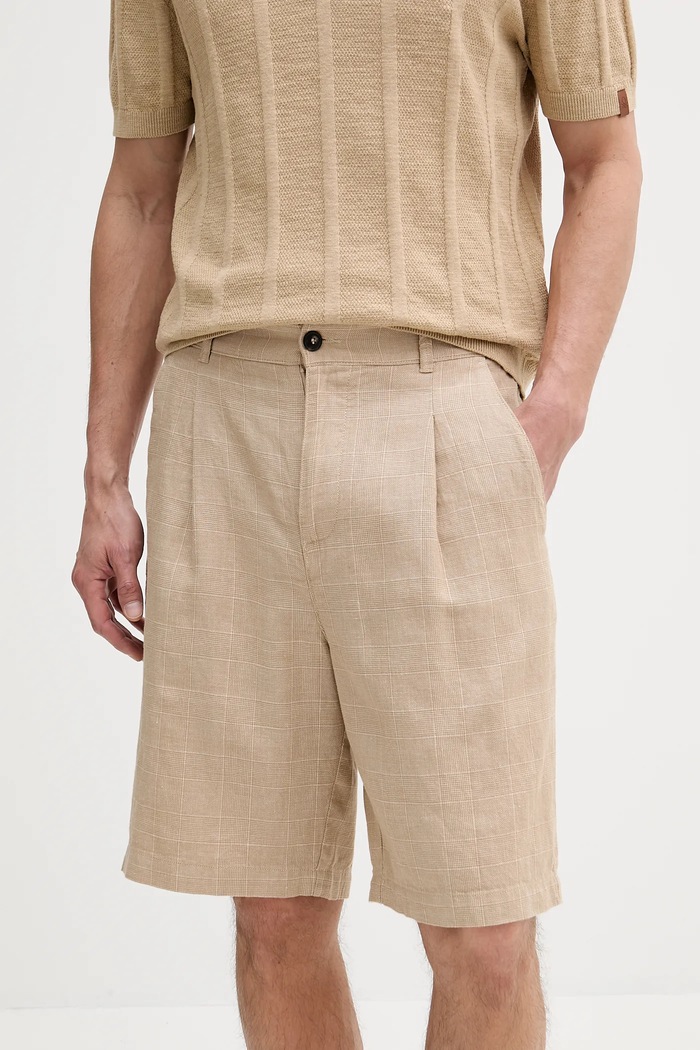 United Colors of Benetton szorty lniane tkanina beżowy 43B3U9010